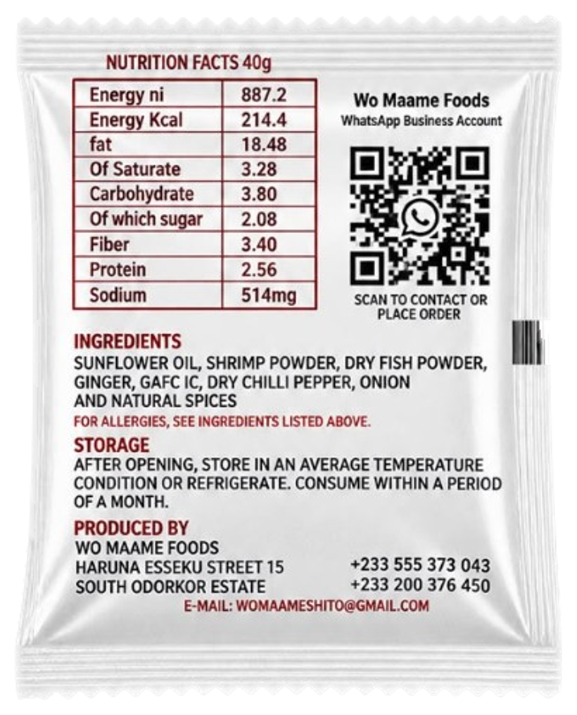 Back of a Wo Maame Shito sachet showing ingredients and nutrition information