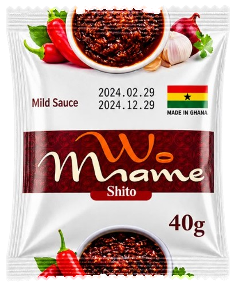 Front of a 40 gram Wo Maame Shito mild sauce sachet